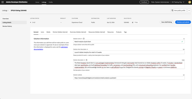 Listing details — General tab