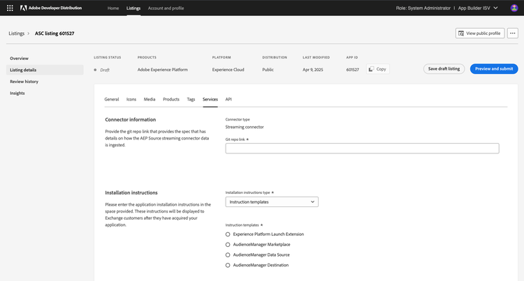Listing details Services tab