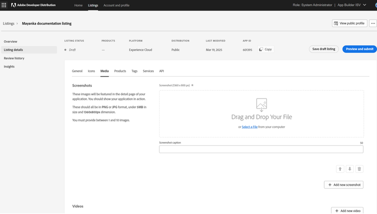Listing details Media tab