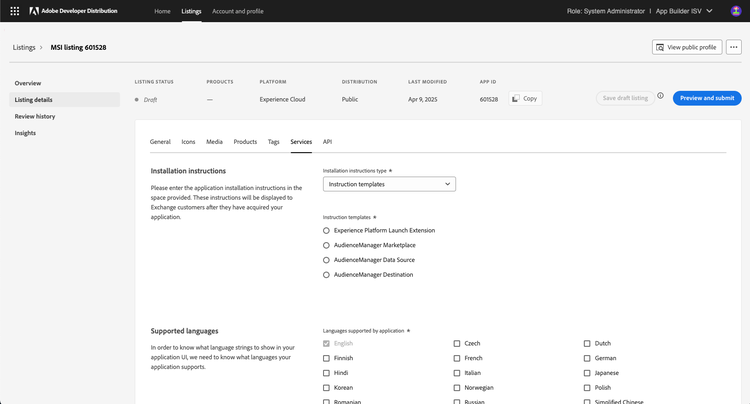 Listing details Services tab