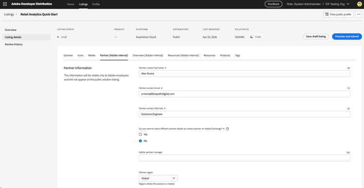 Listing details — Partner tab