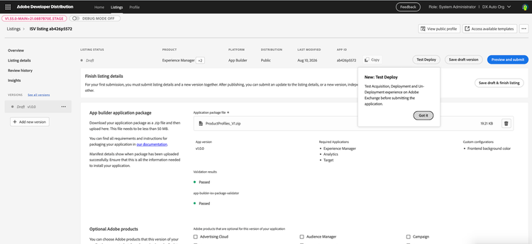 New Test Deploy tooltip with validations passed