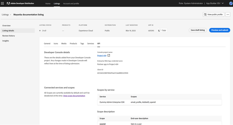 Listing details API tab