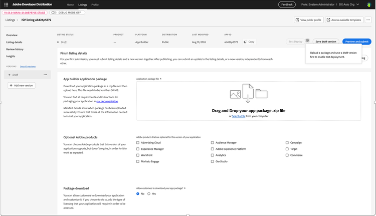Disabled Test Deploy button with a tooltip