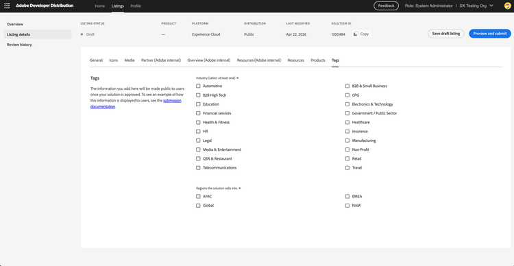 Listing details — Tags tab