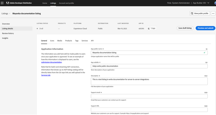Listing details General tab
