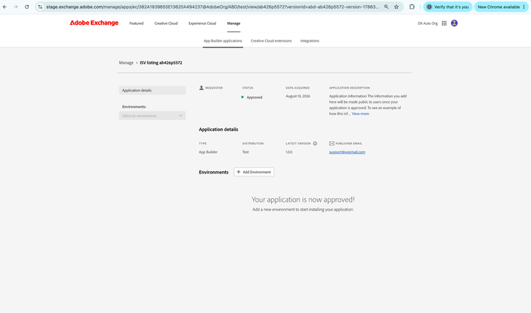 Exchange page showing the application approved for test deployment