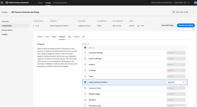 Listing details Products tab