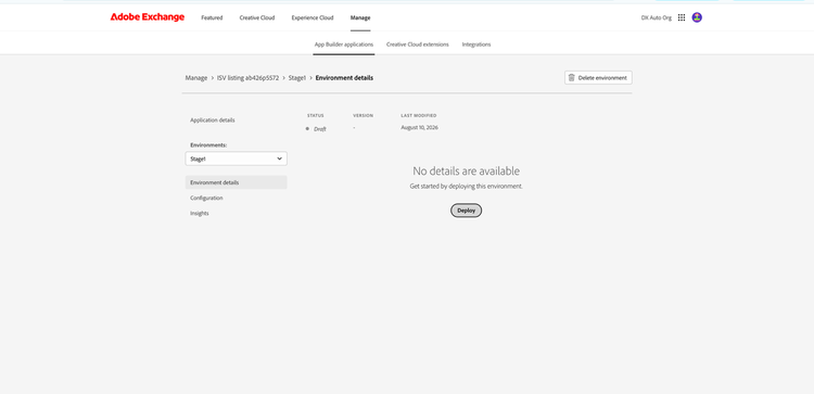 Environment details page with a Deploy button