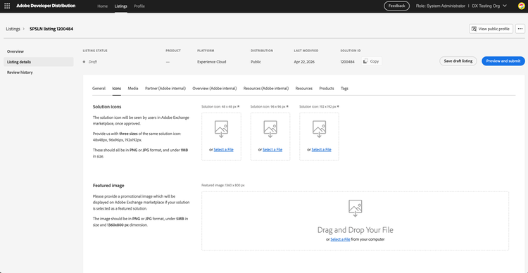 Listing details — Icons tab