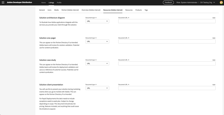 Listing details — Resources (Adobe internal) tab