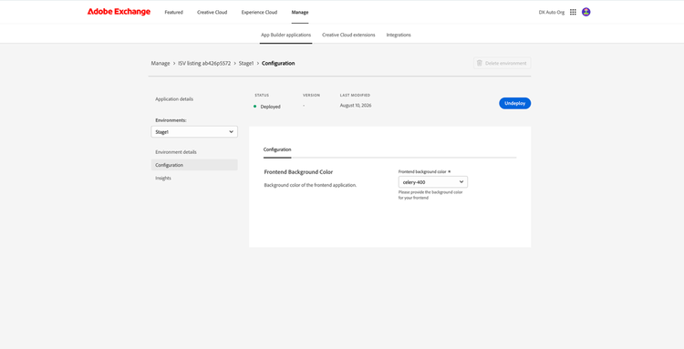 Deployed environment with the Undeploy option