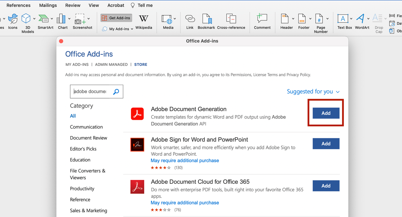Office Add-Ins search result for Adobe Document Generation in Microsoft Word