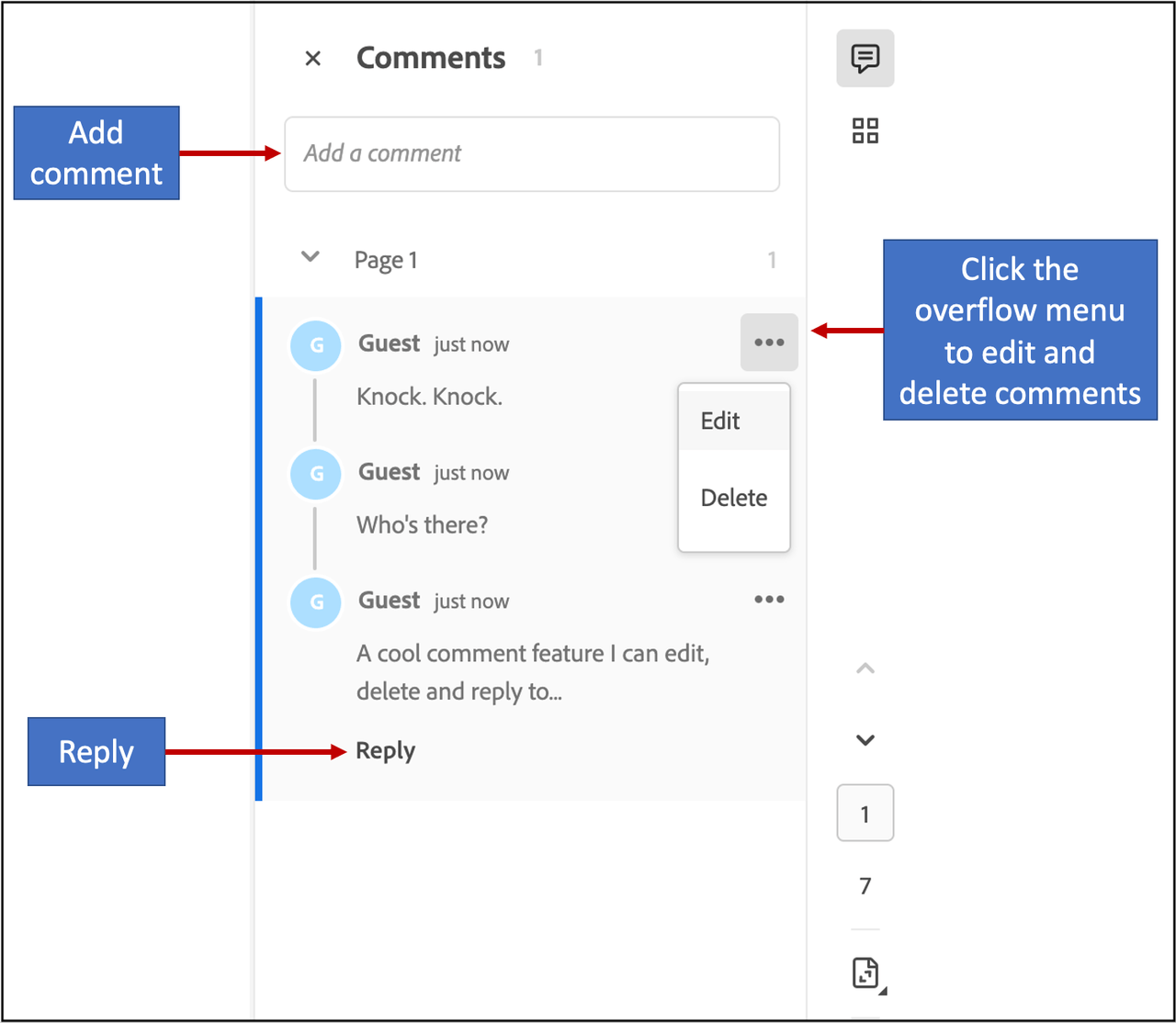 Comment Pane with features to add comments, reply to a comment, add a note with comment and delete comments
