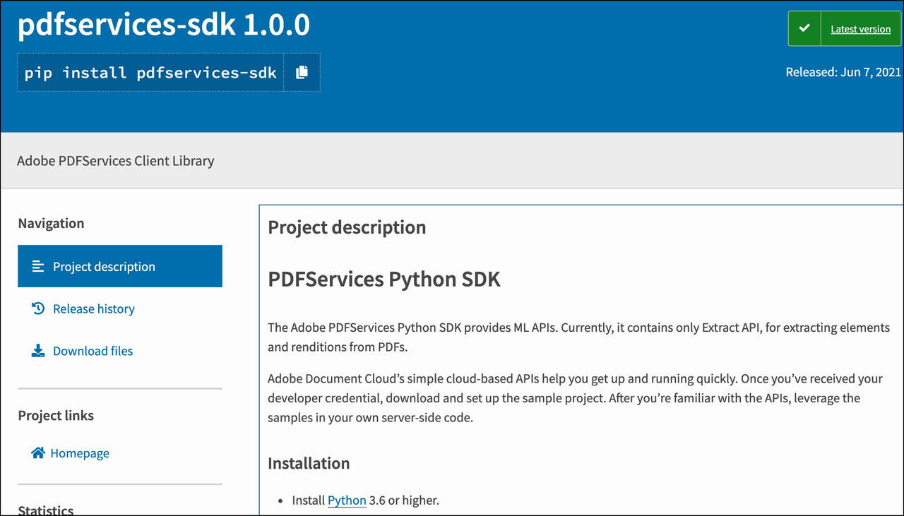 Adobe PDF Services SDK on Pypi