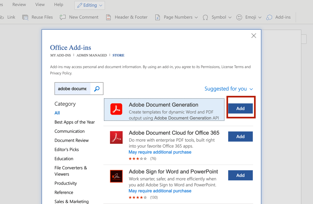 Office Add-Ins search result for Adobe Document Generation in Microsoft Word Web