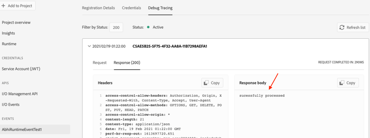 Debug Tracing Webhook Response on Adobe Developer Console