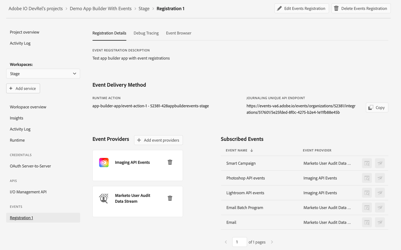 Registrations on Console after deploying the app