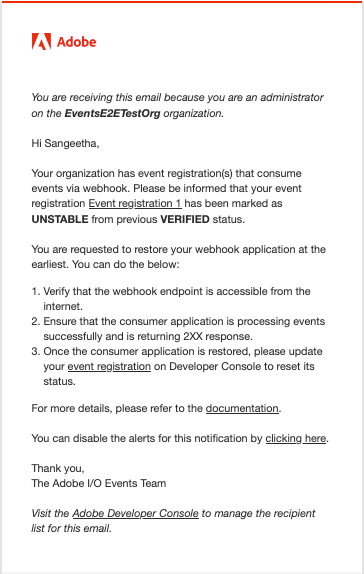 Unstable Event Registration Email Notification