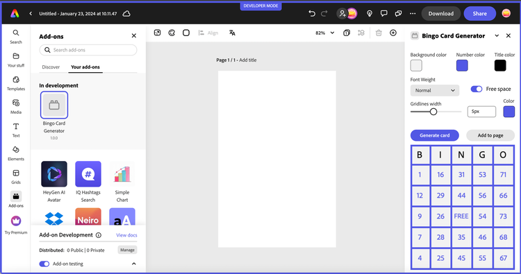 Bingo Card Generator add-on