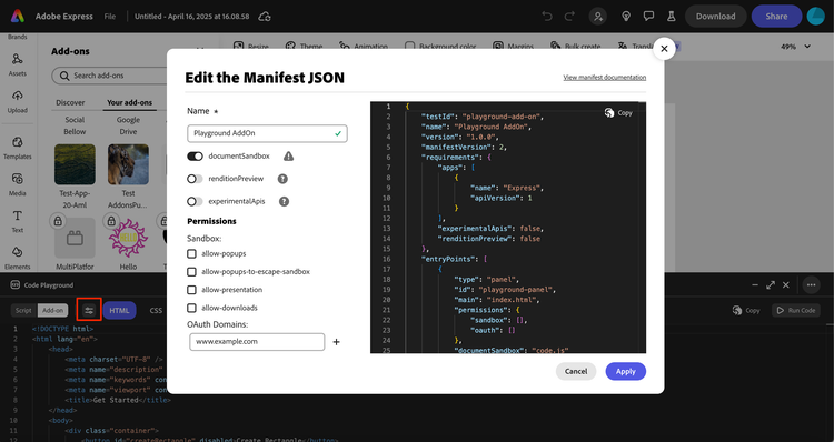 Add-on Mode Manifest Settings