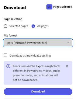 PPTX export disclaimer in Adobe Express
