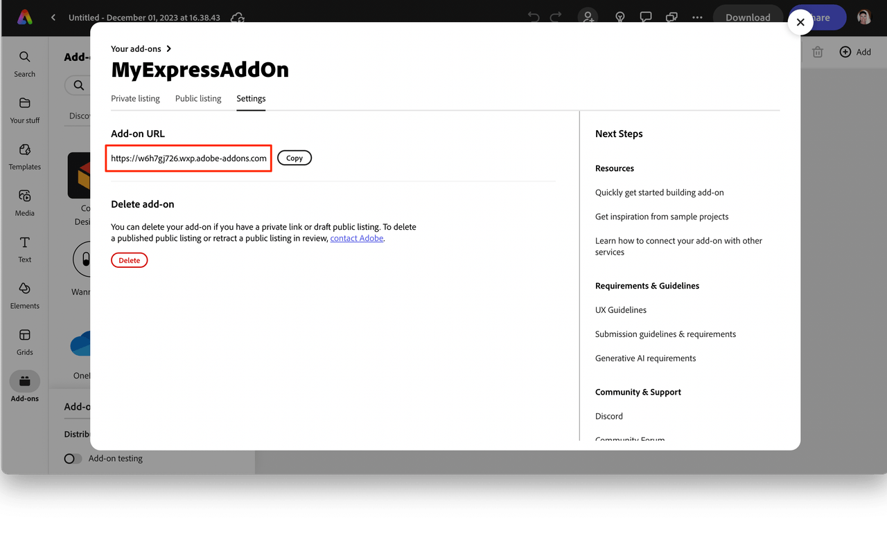 add-on container settings panel