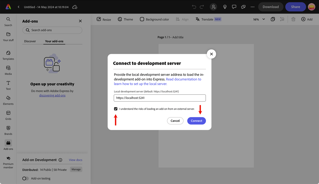 Add-on connect modal