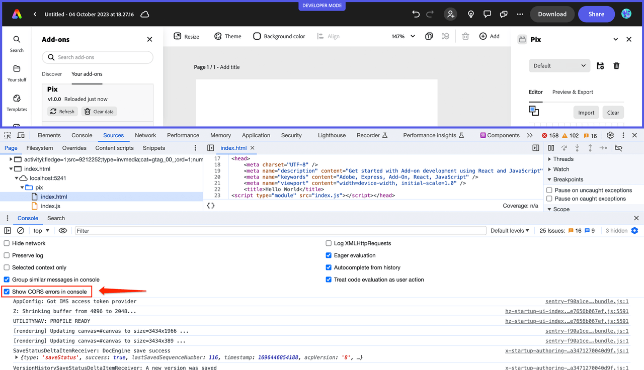 Show CORS errors in Chrome screenshot