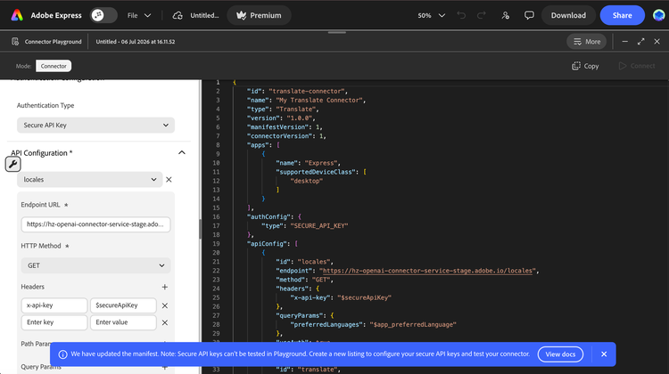 Authentication Type dropdown open in Connector Playground with Secure API Key selected, and the Headers field showing x-api-key mapped to the dollar sign secureApiKey placeholder. A blue info toast is shown reading Secure API keys can't be tested in Playground, Create a new listing to configure your secure API keys and test your connector, and the Connect button is disabled