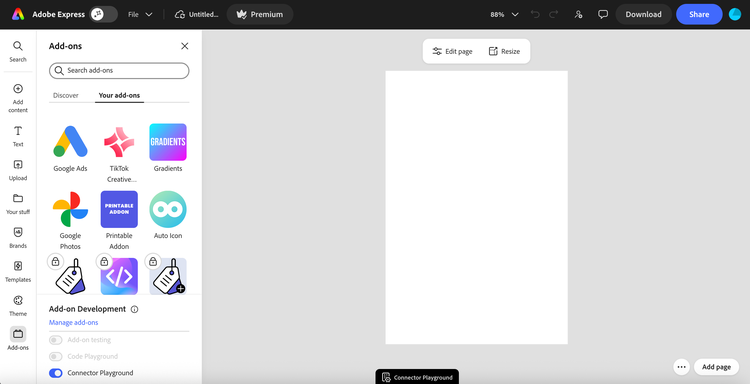 Connector Playground minimized to a pill at the bottom of the Adobe Express canvas