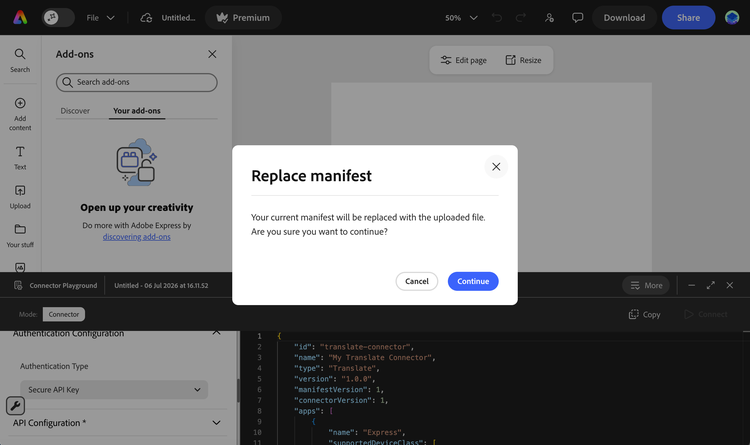 Replace manifest confirmation dialog in Connector Playground asking whether your current manifest will be replaced with the uploaded file, with Cancel and Continue buttons
