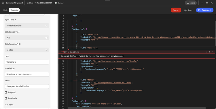 Connector Playground expanded to full view showing the form builder with a form input card on the left and the manifest JSON with inline error messages and a Request failed tooltip on the right