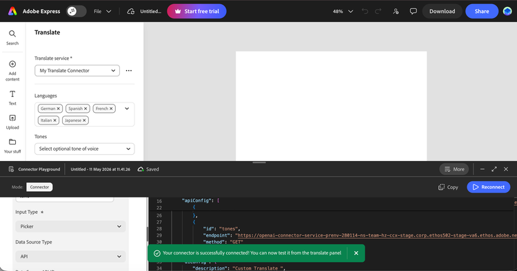 Connector Playground docked at the bottom of Adobe Express showing the green connected success toast and the Translate panel open with the connector selected, the Languages MultiSelectPicker populated with German, Spanish, French, Italian, and Japanese, and the Tones picker visible below it
