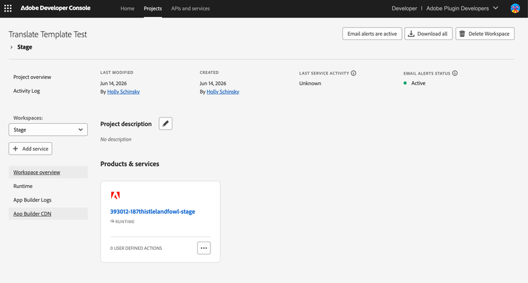 Adobe Developer Console Stage workspace for an App Builder project, showing the Runtime service tile with its namespace listed under Products and services