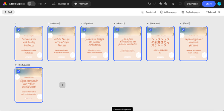 Adobe Express page view showing the original page followed by six translated pages labeled German, Spanish, French, Japanese, Dutch, and Portuguese, each with content rendered in the corresponding language