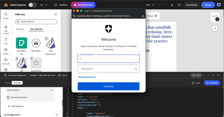Connector Playground docked at the bottom of Adobe Express with an OAuth login popup open over the editor, prompting the user for an email address and password on the authorization server's login page