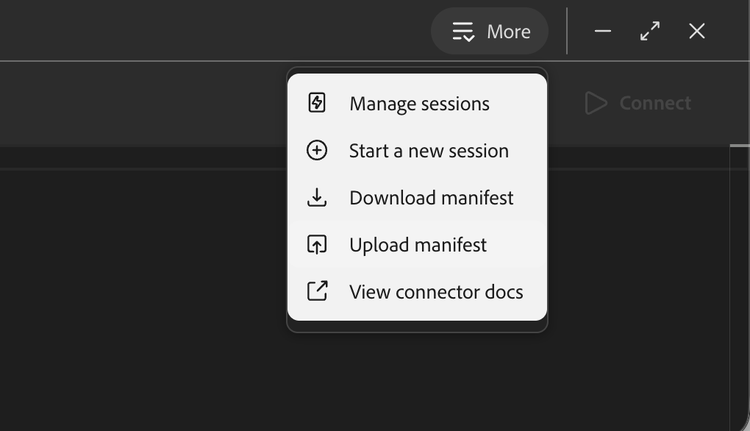More menu open in Connector Playground showing Manage sessions, Start a new session, Download manifest, Upload manifest, and View connector docs options