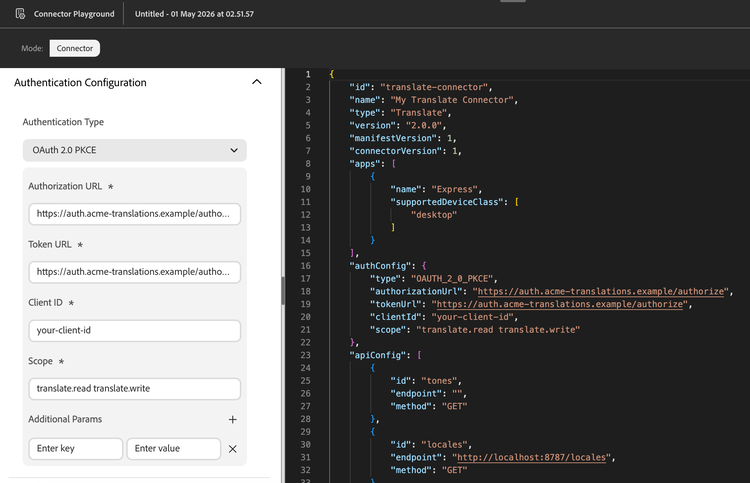 OAuth 2.0 PKCE mapping in Connector Playground showing the Authorization URL, Token URL, Client ID, Scope, and Additional Params fields mapped to the corresponding API Configuration section fields