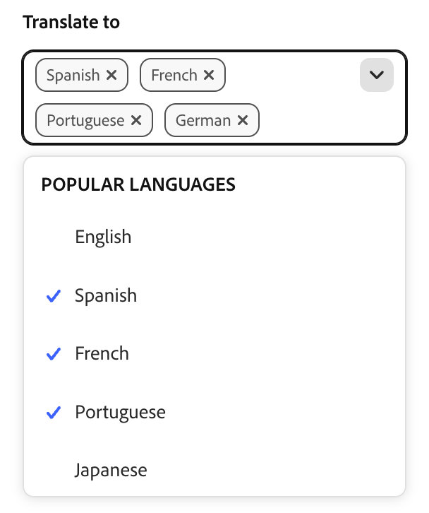 Translate panel showing the locale MultiSelectPicker open with Spanish and French selected and locales grouped under Popular languages and Other languages headings