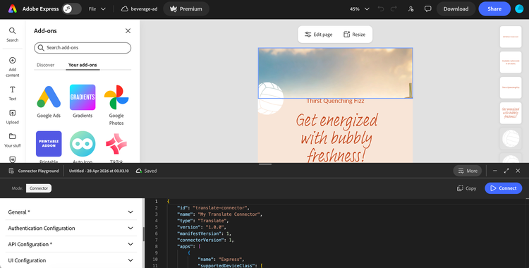 Connector Playground open in Adobe Express showing the form builder on the left with General, Authentication Configuration, API Configuration, and UI Configuration sections, and the live-generated manifest JSON on the right