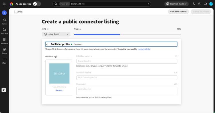Publisher profile section in the public listing form, showing logo upload, name, website, and description fields
