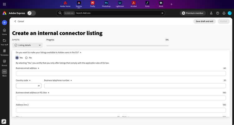 Trader details form fields revealed after selecting Yes