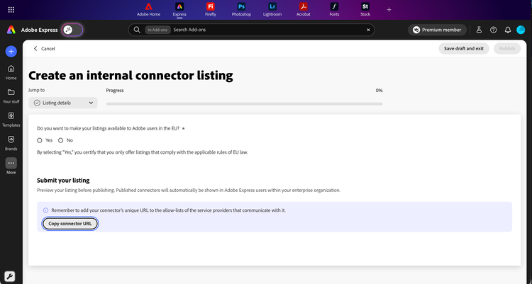 Submit your listing section with the Copy connector URL button