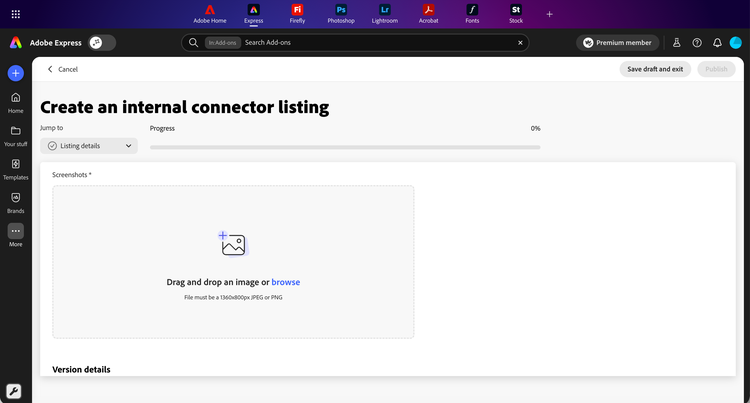 Screenshots upload area with the required 1360x800 px dimensions