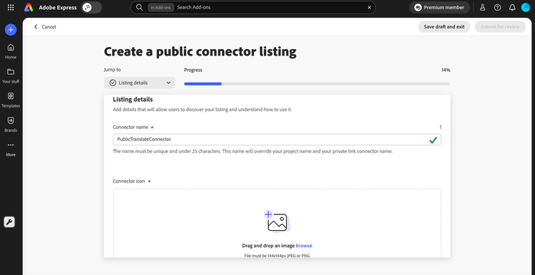 Listing details section showing the connector name field and icon upload area