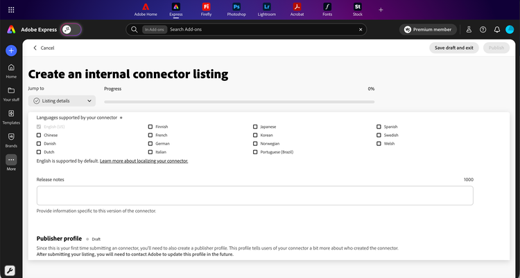 Languages selection grid and Release notes field