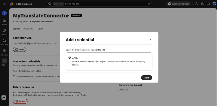 Add credential dialog with API key selected as the credential type