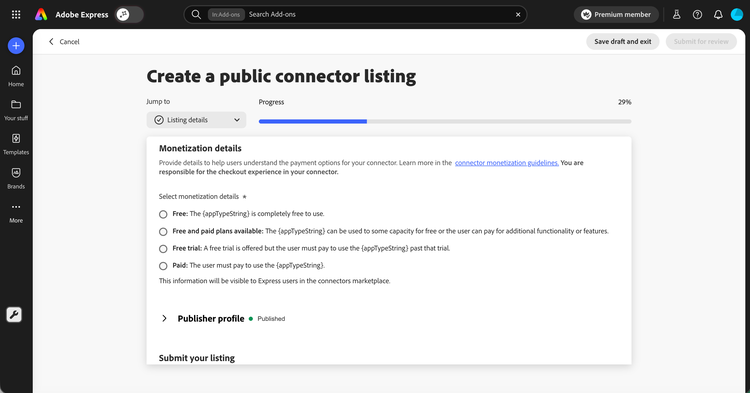 Monetization details section with Free, Free and paid, Free trial, and Paid radio buttons