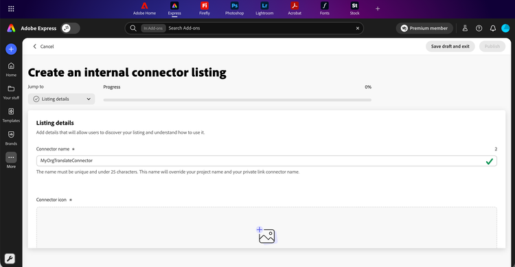 Internal connector listing form open at the Listing details section